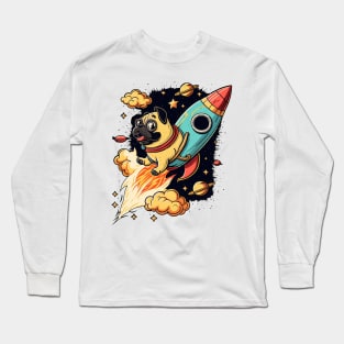 pug flying into space with a rocket Long Sleeve T-Shirt